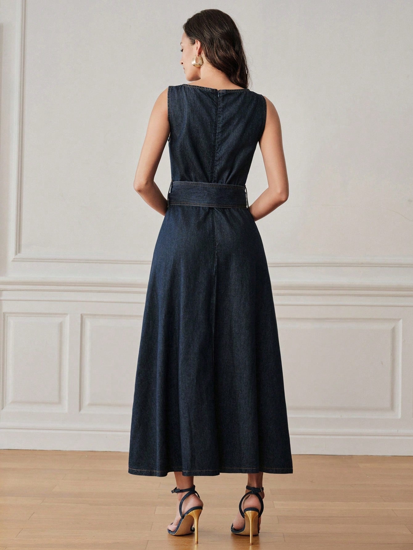 CM-DS406448 Women Elegant Seoul Style Round Neck Sleeveless Belted A-Line Denim Dress - Blue