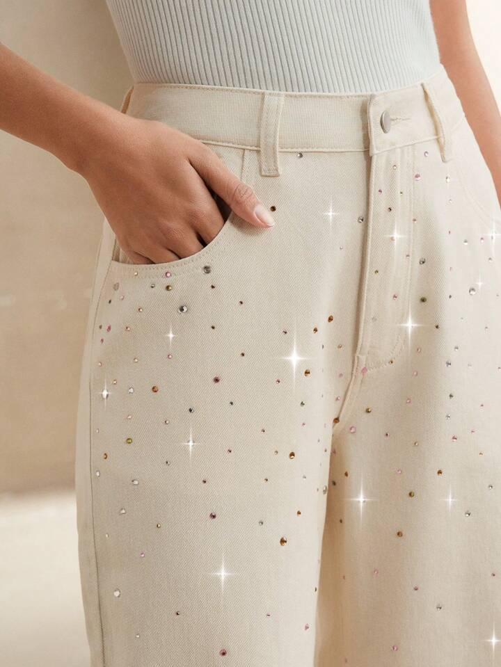 CM-BS639077 Women Casual Seoul Style Mid Waist Rhinestoned Decor Straight Leg Jeans - Beige
