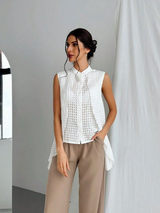 CM-TS158139 Women Casual Seoul Style Mandarin Collar Sleeveless Faux Two Pieces Shirt