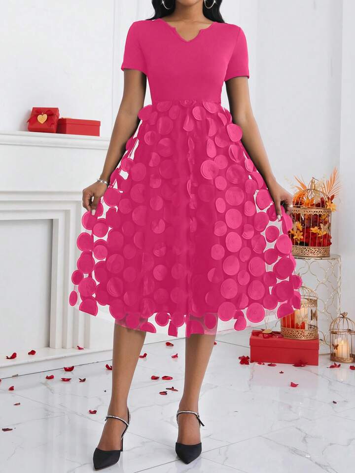 CM-DS399795 Women Casual Seoul Style Embroidery Mesh Splice Short Sleeve Tied Waist Dress - Hot Pink