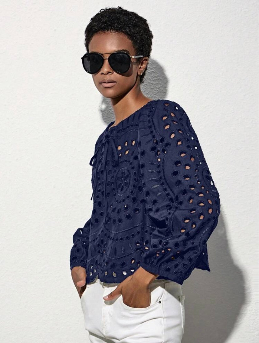 CM-TS121412 Women Trendy Bohemian Style Tie Neck Eyelet Embroidery Hollow Out Blouse