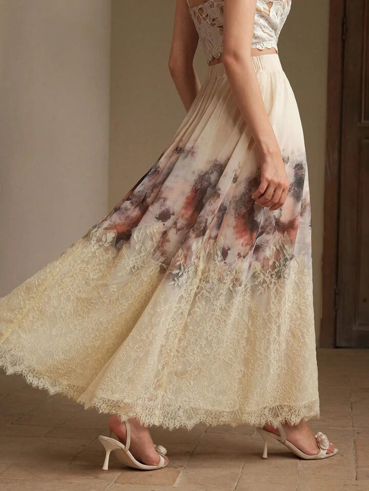 CM-BS999157 Women Elegant Seoul Style Mid Waist Contrast Lace Printed Flared Chiffon Maxi Skirt