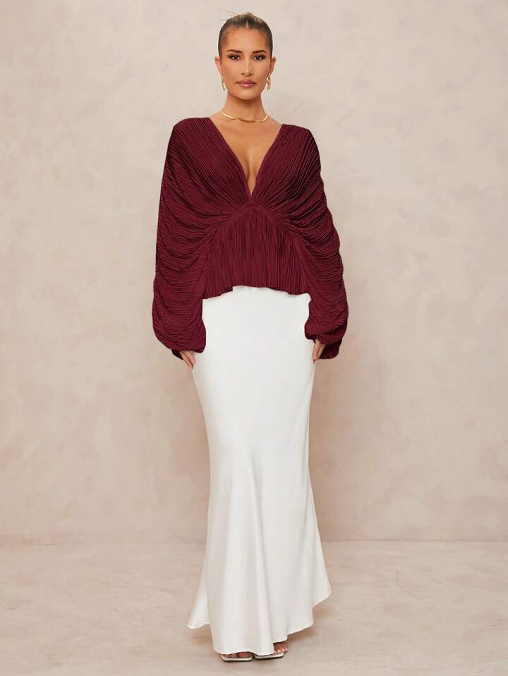 CM-TS272263 Women Elegant Seoul Style Deep V-Neck Long Sleeve Loose Fit Ruffled Hem  Oversized Blouse - Burgundy