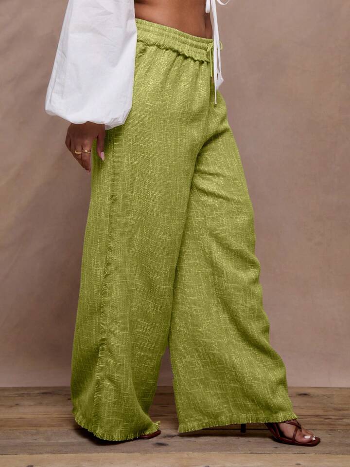 CM-BS684418 Women Trendy Bohemian Style Linen Fray Trim Wide Leg Trouser