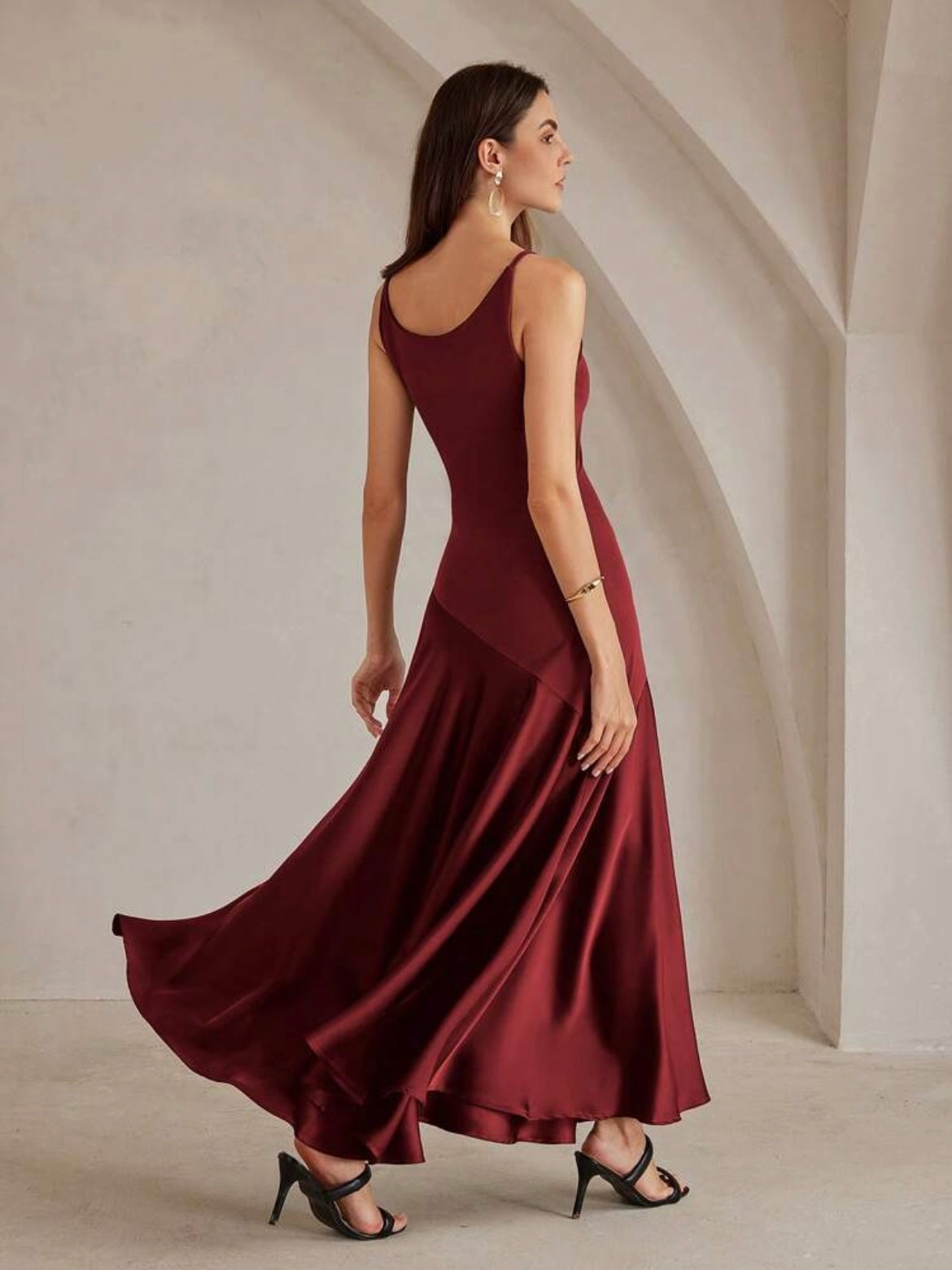 CM-DS076176 Women Elegant Seoul Style Solid Color Minimalist Spaghetti Strap Maxi A-Line Dress - Red