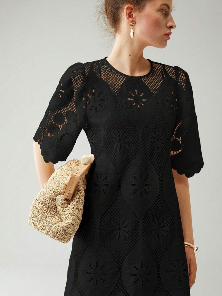 CM-DS636852 Women Elegant Seoul Style Round Neck Half Sleeve Lace Overlay Dress - Black