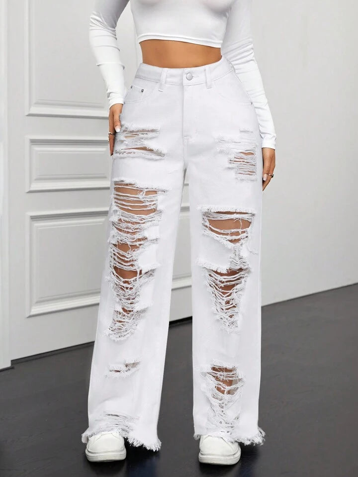 CM-BS760606 Women Casual Seoul Style Front Button Pocket Distressed Ripped Denim Long Jeans - White