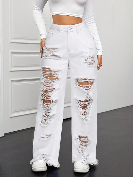 CM-BS760606 Women Casual Seoul Style Front Button Pocket Distressed Ripped Denim Long Jeans - White