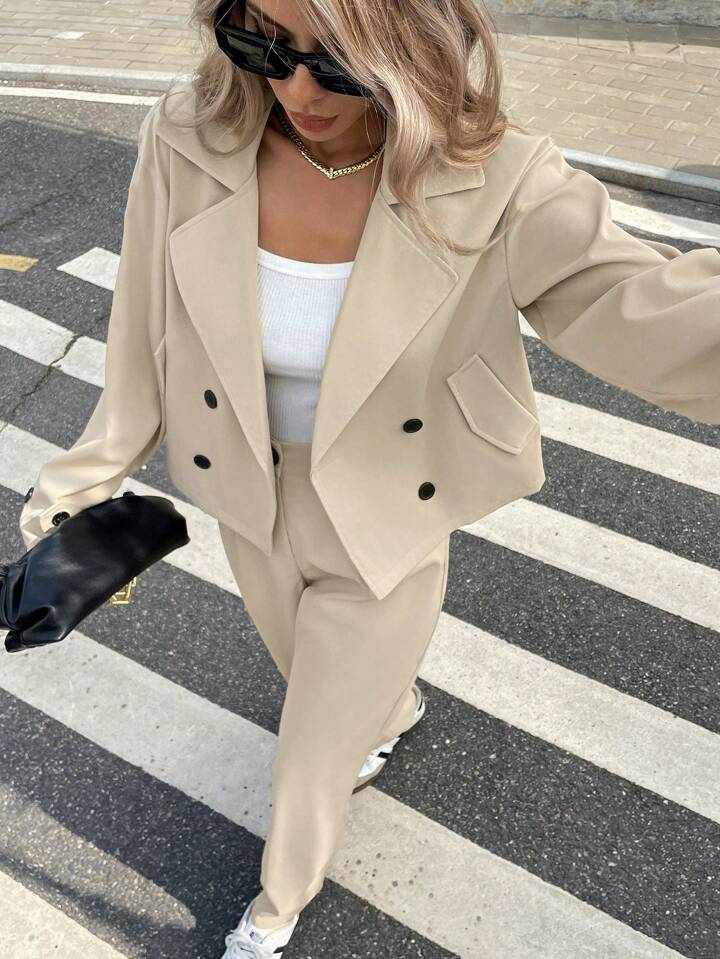 CM-SS009280 Women Elegant Seoul Style Solid Color Lapel Neck Long Sleeve Double-Breasted Jacket With Pants - Set