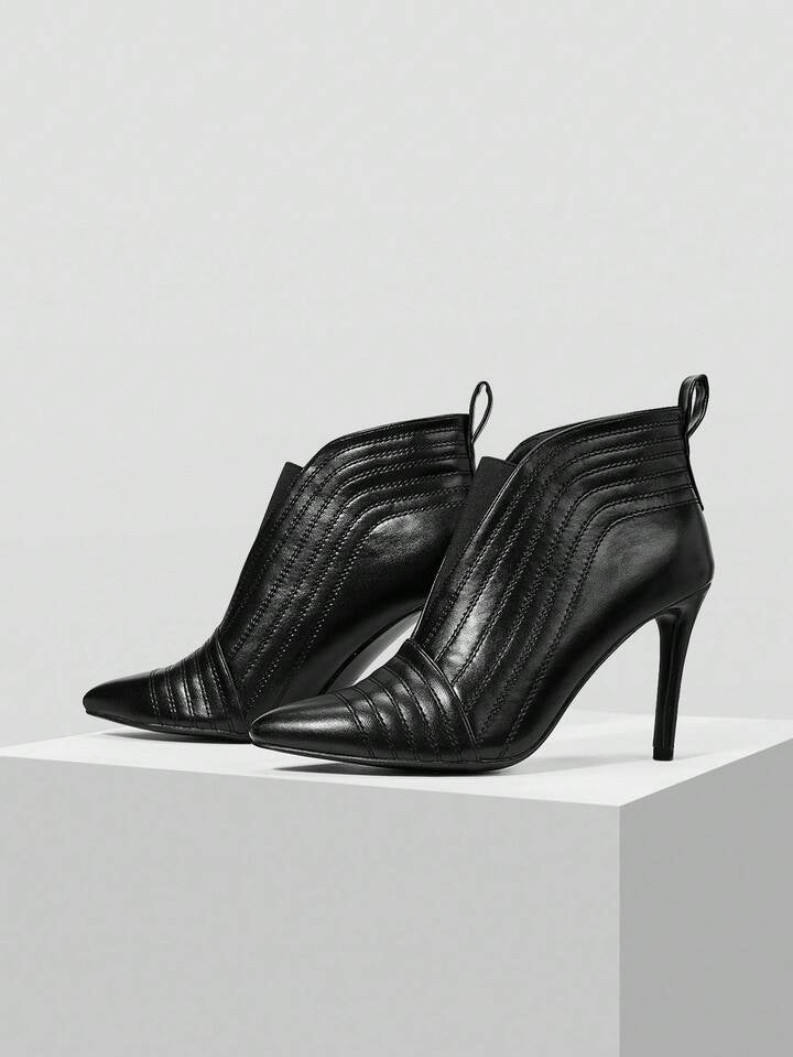CM-SHS066669 Women Trendy Seoul Style Quilted Line Pointed Toe High Heel Ankle Boots - Black