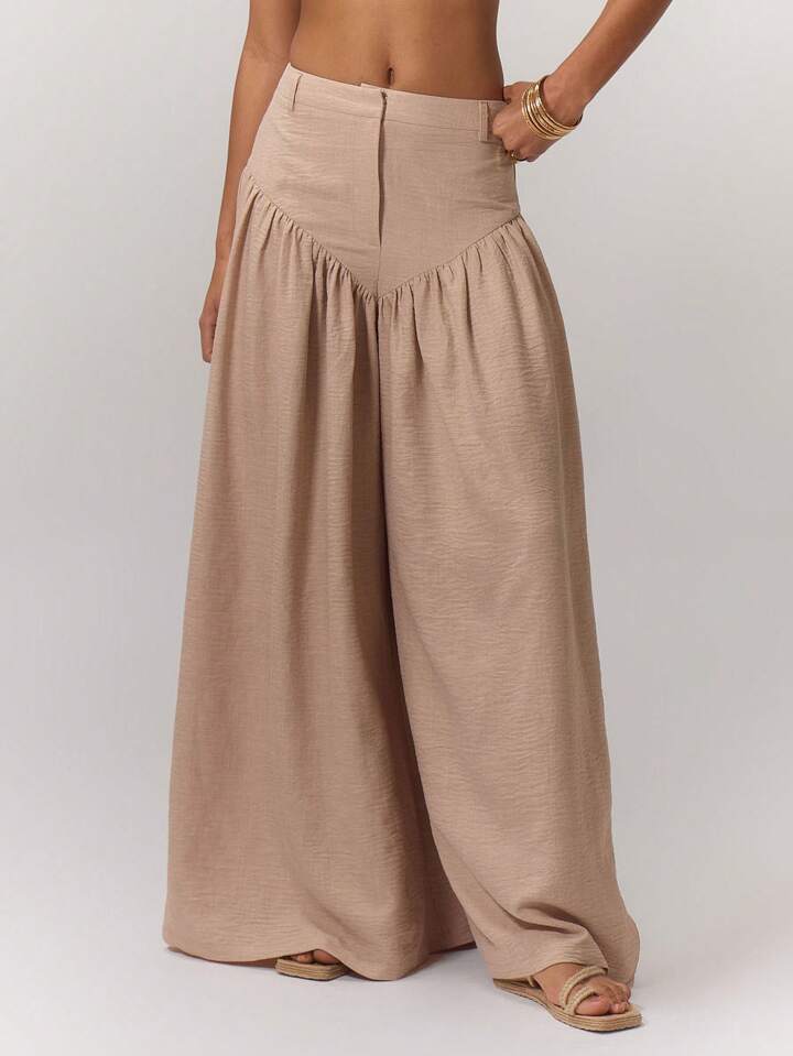 CM-BS602311 Women Trendy Bohemian Style Solid Color Wide-Legged Maxi Skort - Apricot