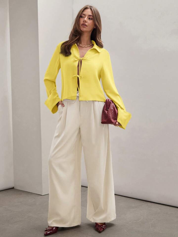 CM-TS885945 Women Trendy Bohemian Style Shirt Collar Front Tie Long Sleeve Shirt - Yellow