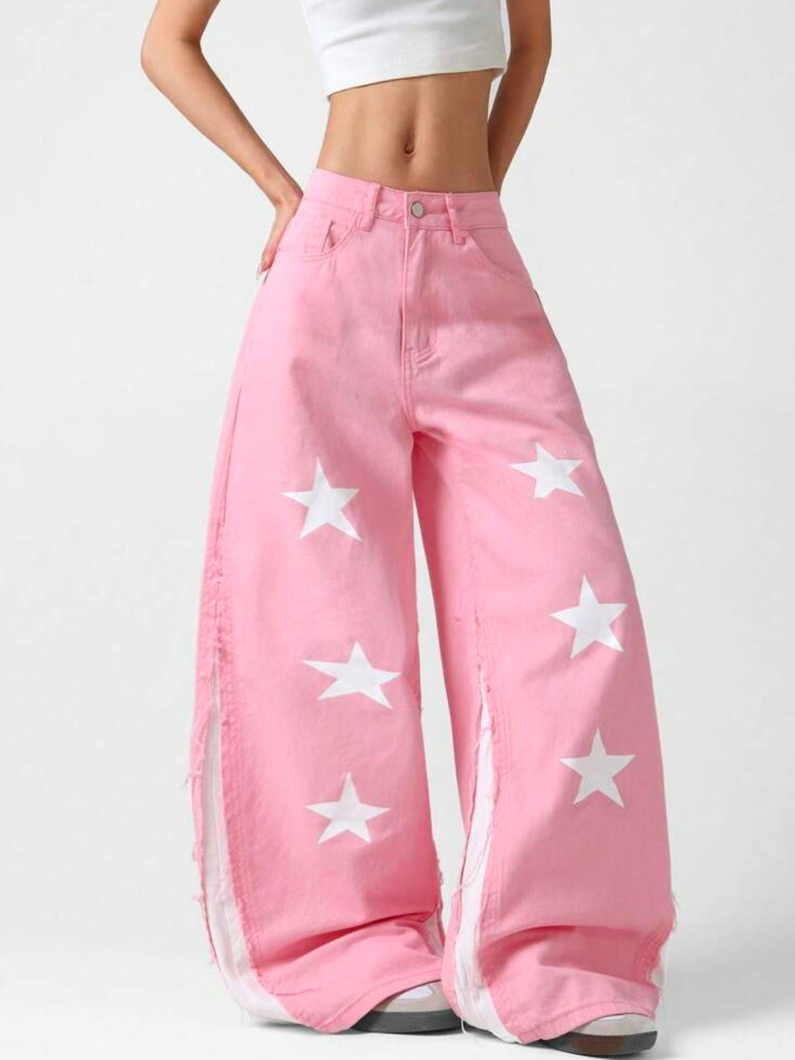 CM-BS311893 Women Casual Seoul Style Mid Waist Printed Patchwork Loose Wide Leg Denim Jeans - Pink