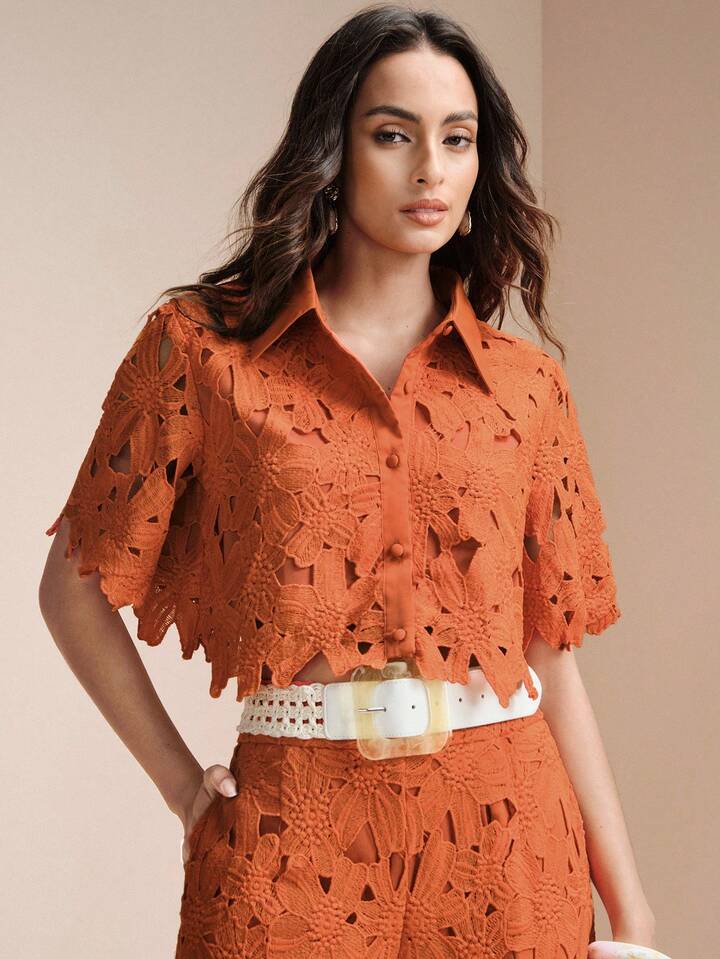 CM-SS712688 Women Trendy Bohemian Style Laser Cut Out Embroidered Short Sleeve Crop Top With Wide Leg Pants - Set