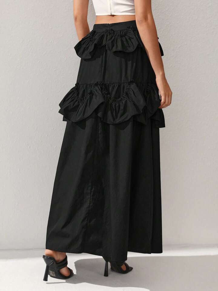 CM-BS230111 Women Casual Seoul Style High Waist Patchwork Ruffle Hem Skirt - Black