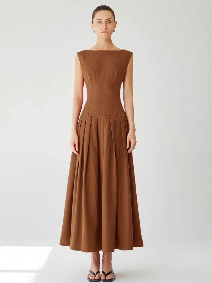 CM-DS711411 Women Elegant Seoul Style Sleeveless Cinched Waist Low Waist Pleated Ruffle Hem Long Dress - Brown