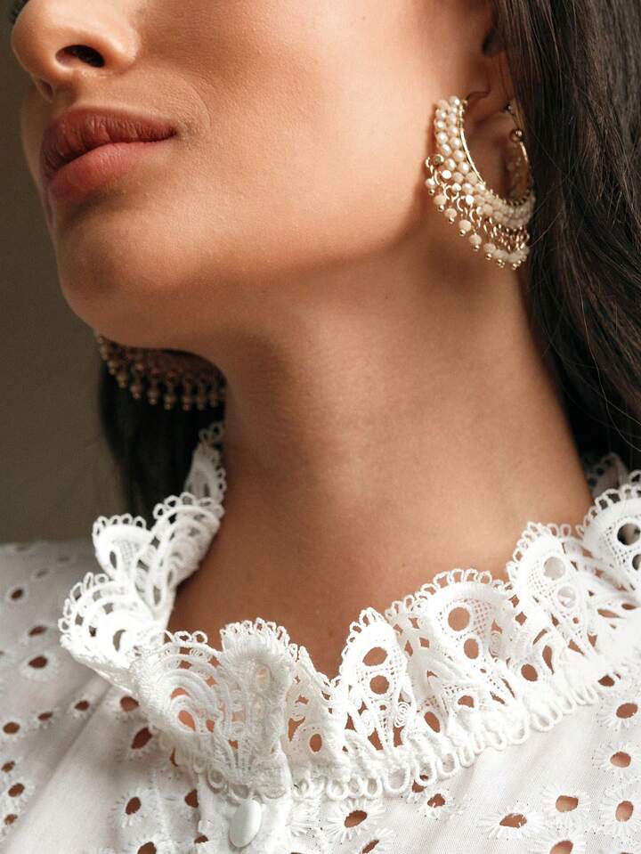 CM-TS725422 Women Trendy Bohemian Style Lace Hollow Stand Collar Lantern Sleeve Blouse - White