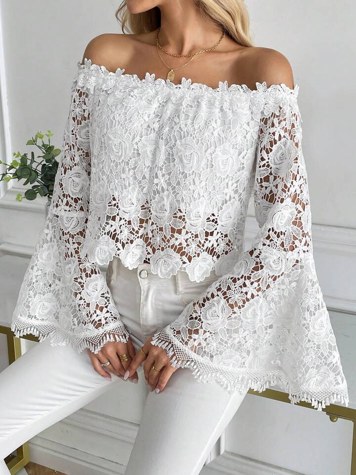 CM-TS501788 Women Elegant Seoul Style Solid Color Lace Off-Shoulder Flare Sleeve Cropped Blouse