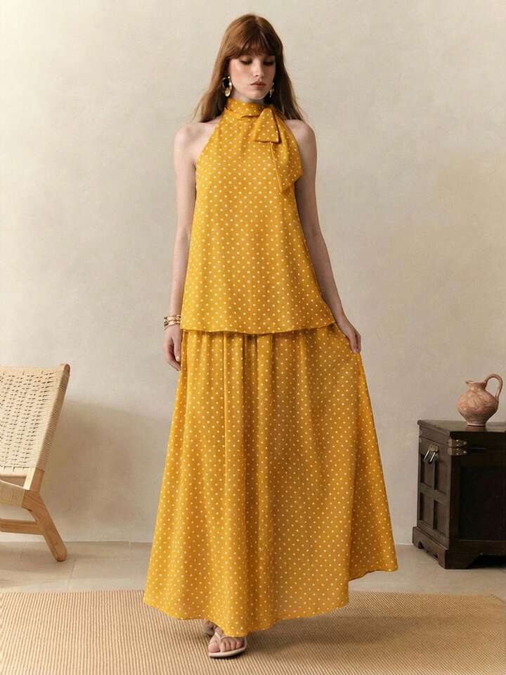 CM-SS174690 Women Trendy Bohemian Style Chiffon Polka Dot Print Sleeveless Halter Neck Top With Skirt - Set