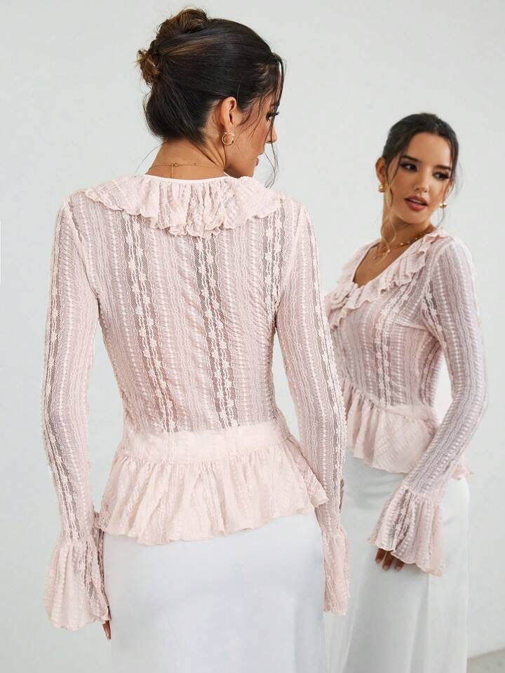 CM-TS783398 Women Casual Seoul Style Lace V-Neck Ruffle Hem Long Sleeve T-Shirt - Pink