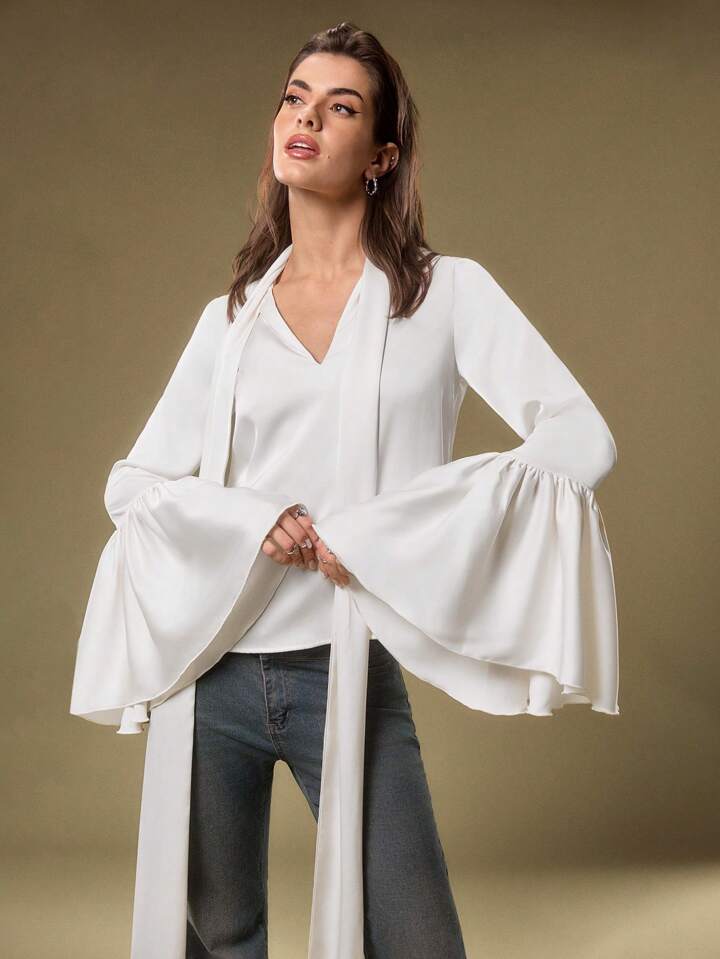 CM-TS353518 Women Elegant Seoul Style Solid Color Collar Neckline Bell Sleeve Blouse - White