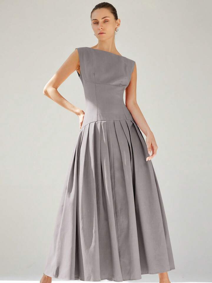 CM-DS887721 Women Elegant Seoul Style Sleeveless Cinched Waist Low Waist Pleated Ruffle Hem Long Dress - Gray