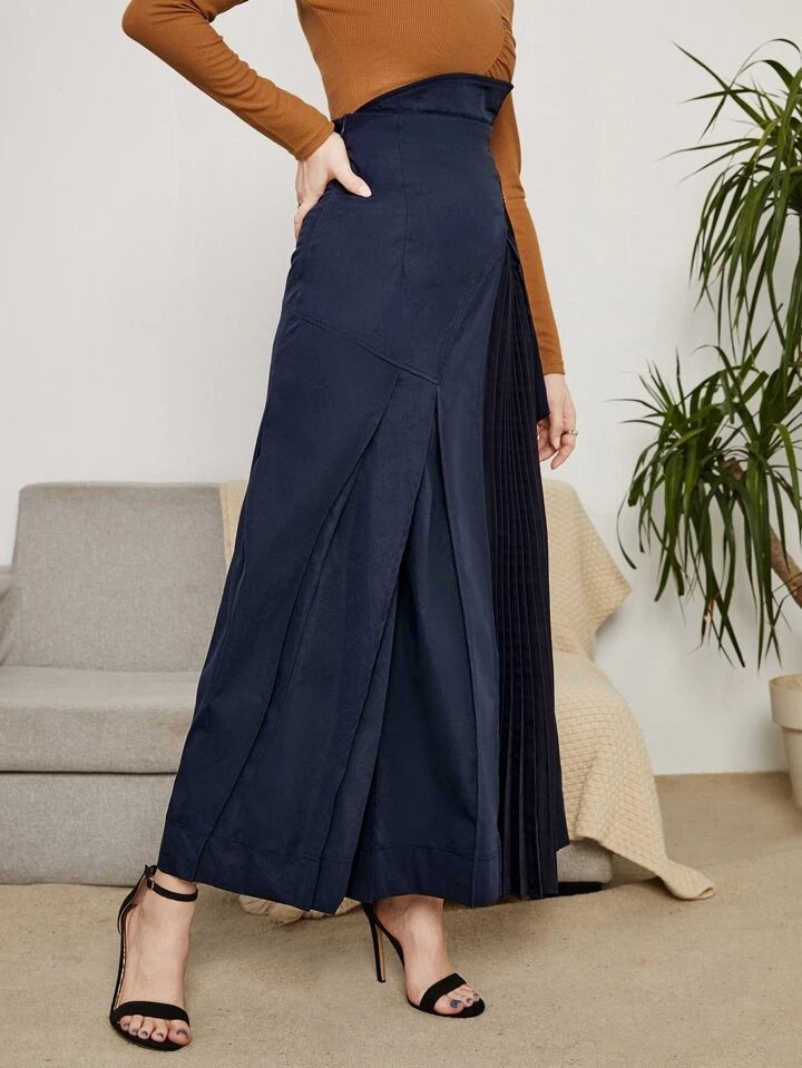 CM-BS222335 Women Elegant Seoul Style High Waist Buckle Strap Pleated Skirt - Navy Blue