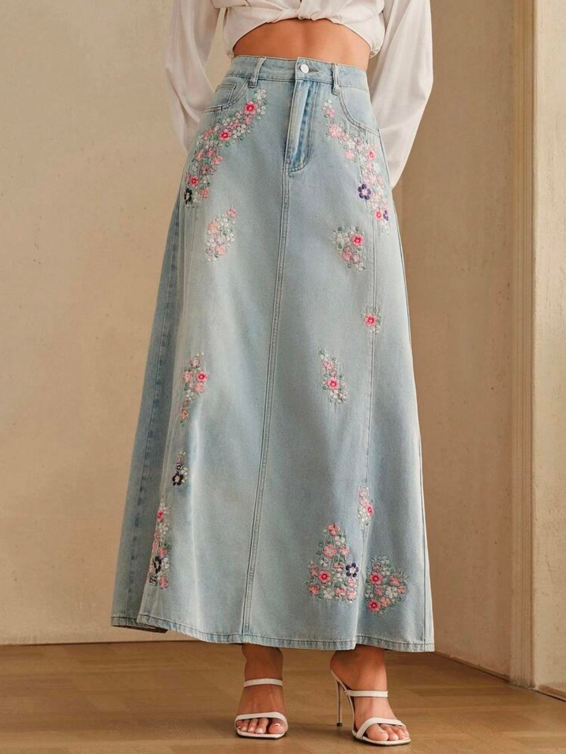 CM-BS230235 Women Casual Seoul Style Mid Waist Embroidery Slimming Design Split A-Line Denim Skirt - Blue