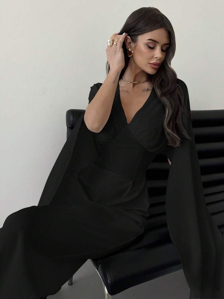 CM-JS483619 Women Elegant Seoul Style V-Neck Cape Extra Long Sleeves Waist Tie A-Line Wide Leg Jumpsuit - Black