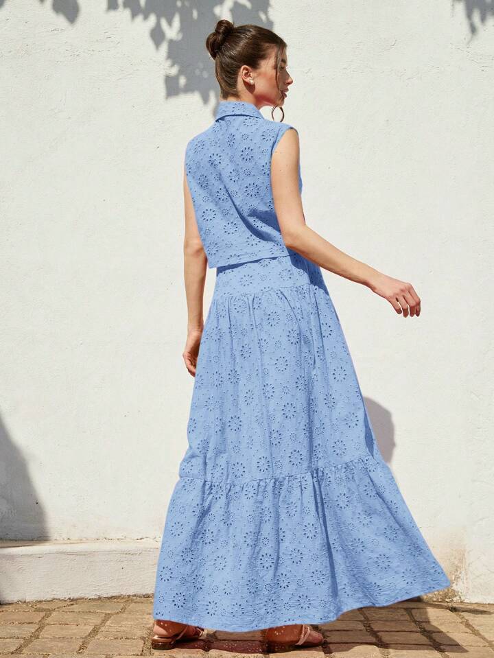 CM-SS287707 Women Casual Seoul Style Shirt Collar Sleeveless Loose Blouse With Ruched Maxi A-Line Skirt - Set