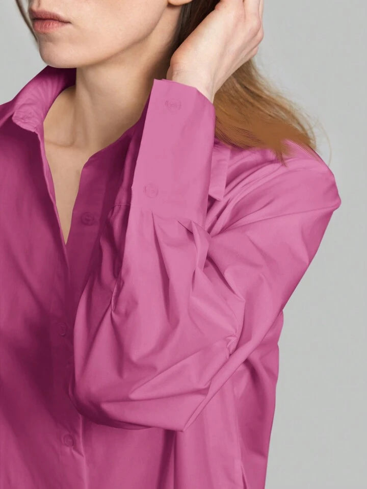 CM-TS834374 Women Casual Seoul Style Shirt Collar Long Sleeve Front Button High Slit Long Shirt - Purple