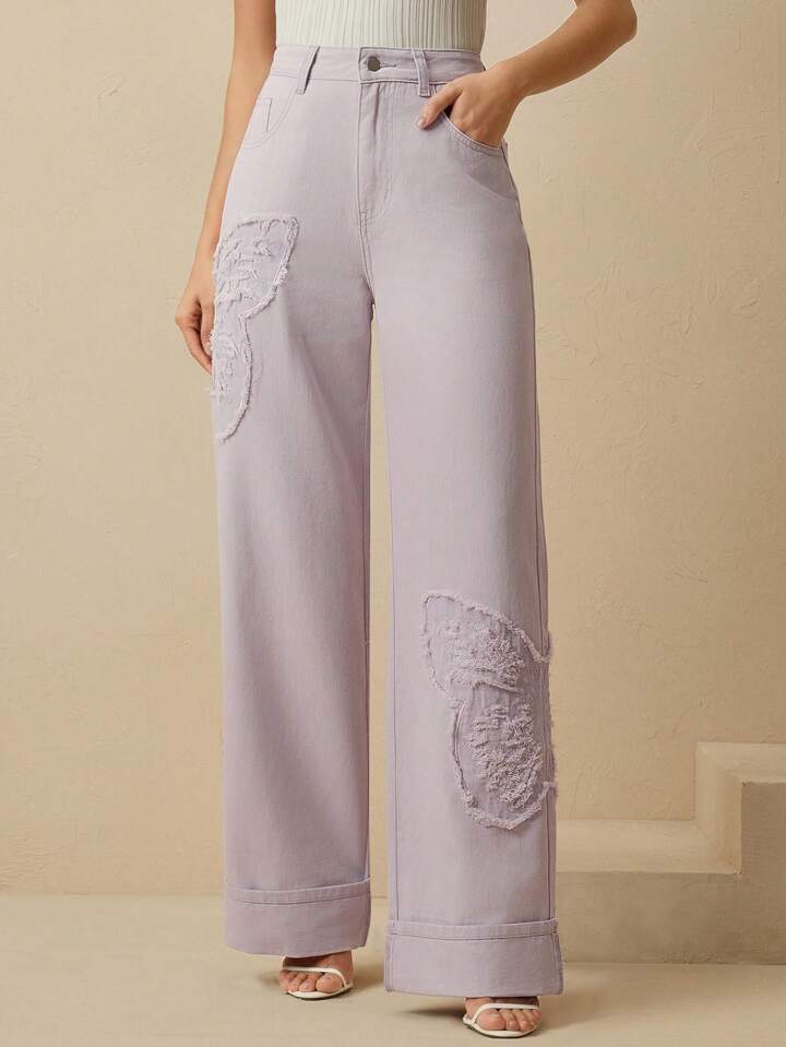 CM-BS337353 Women Casual Seoul Style Mid Waist Embroidered Straight Leg Jeans - Purple