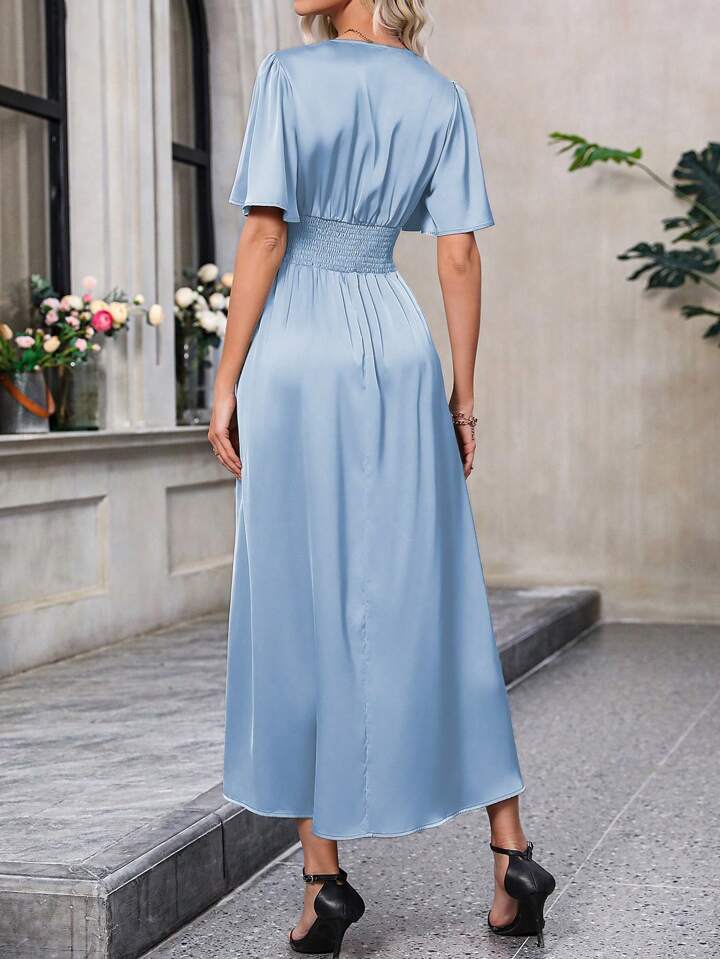 CM-DS364898 Women Casual Seoul Style Solid Color V-Neck Pleated Midi Dress - Baby Blue