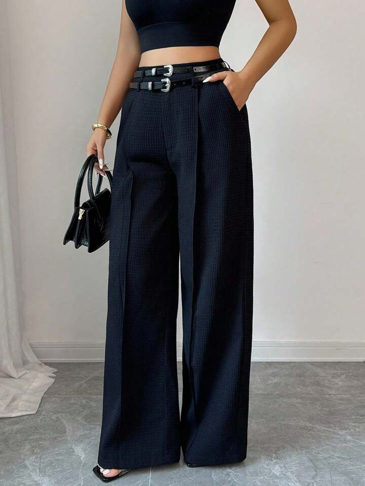 CM-BS675519 Women Elegant Seoul Style Solid Color Mid Waist Waffle Belt Loop Straight Leg Pants - Black
