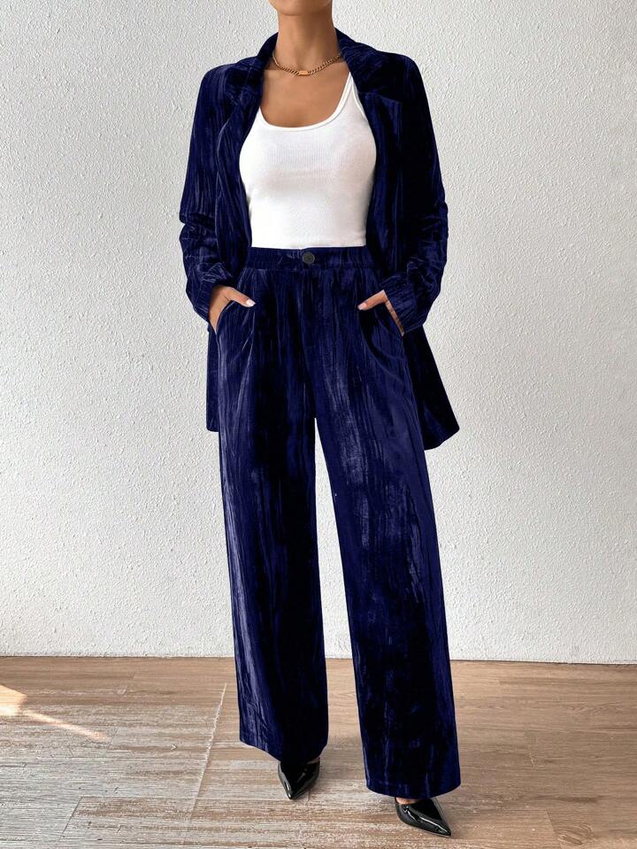 CM-SS141161 Women Elegant Seoul Style Stand Collar Long Sleeve Velvet Jacket With Straight Leg Pants Suit - Navy Blue