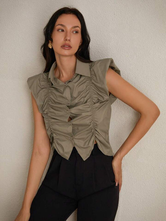 CM-TS859003 Women Casual Seoul Style Shirt Collar Sleeveless Riched Bust Asymmetrical Shirt