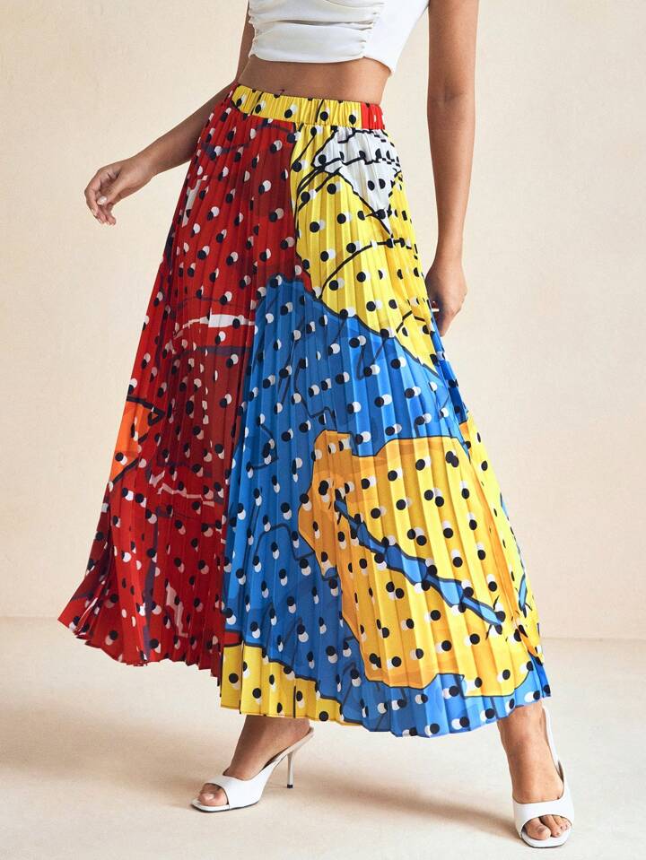 CM-BS924857 Women Elegant Seoul Style High Waist All-Over Print Geometric Pleated A-Line Skirt