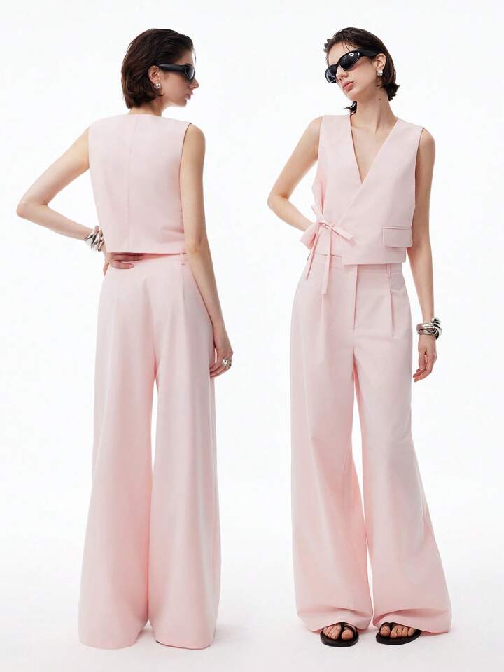 CM-SS262320 Women Casual Seoul Style V-Neck Sleeveless Tie-Waist Asymmetric Placket Vest With Wide-Leg Pants - Set