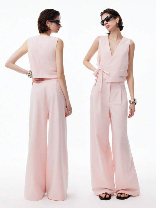 CM-SS262320 Women Casual Seoul Style V-Neck Sleeveless Tie-Waist Asymmetric Placket Vest With Wide-Leg Pants - Set
