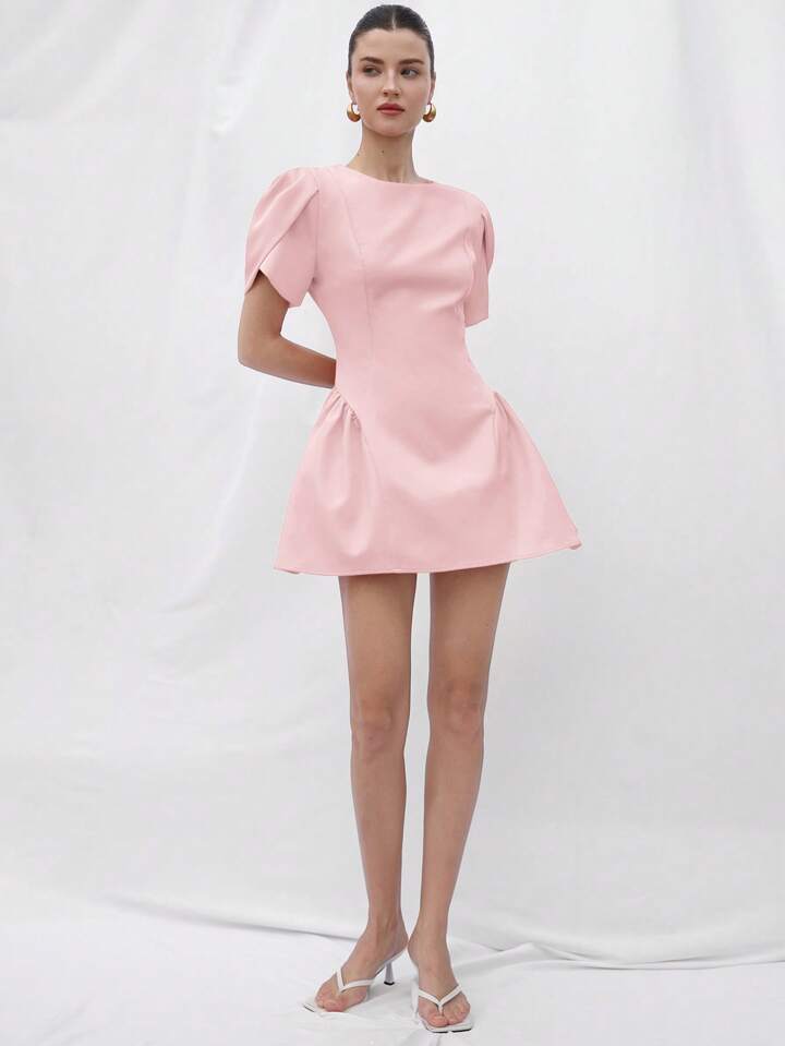 CM-DS975139 Women Elegant Seoul Style Tulip Print Puff Spliced Hem Round Neck Short Sleeve Dress - Pink