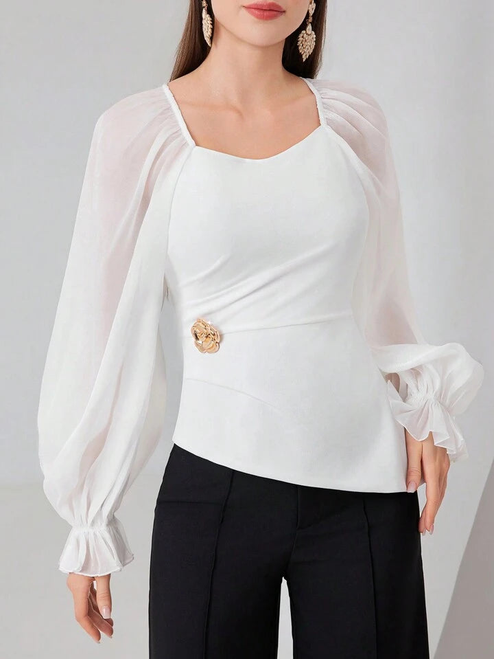 CM-TS953513 Women Elegant Seoul Style Mesh Panel Sweetheart Neck Long Sleeve Shirt