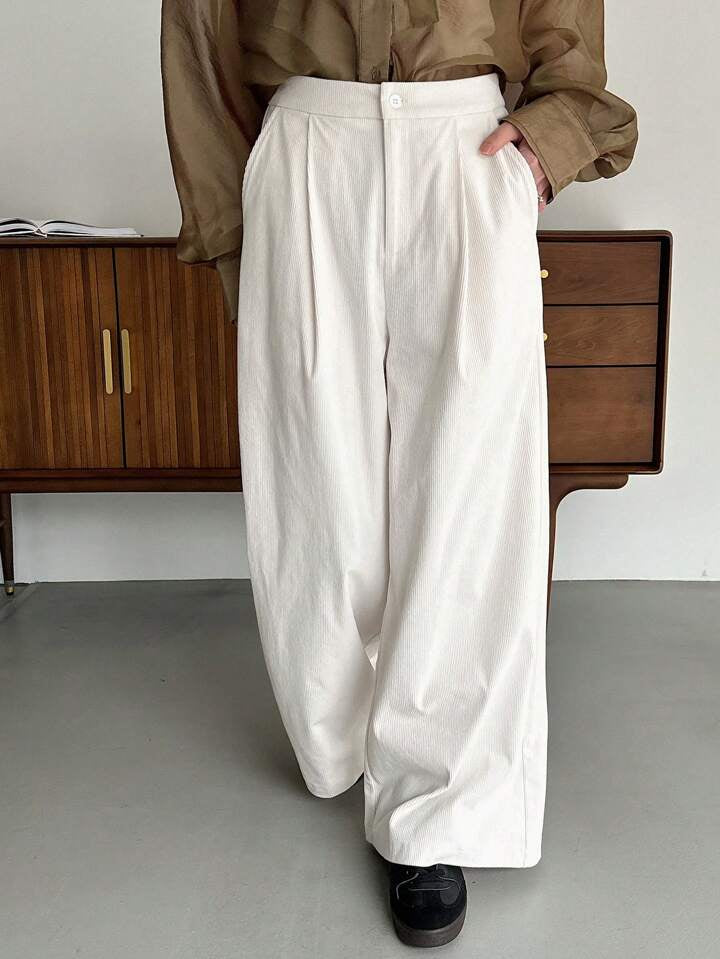 CM-BS436189 Women Casual Seoul Style Solid Color High Waist Straight-Leg Pants - White