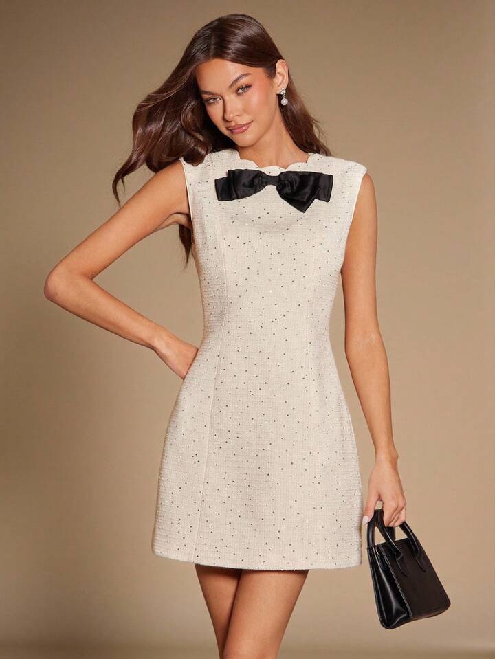 CM-DS212787 Women Elegant Seoul Style Sequin Tweed Cute Bowknot Decor Sleeveless Mini Dress - White