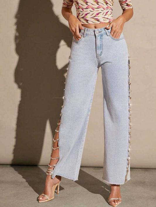 CM-BS512415 Women Casual Seoul Style Rhinestone Embellished Pockets Hollow Out Loose Fit Jeans