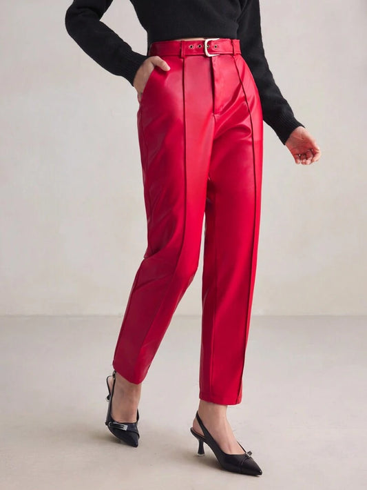 CM-BS973539 Women Elegant Seoul Style High Waist Leather Belted Pencil Pants - Red