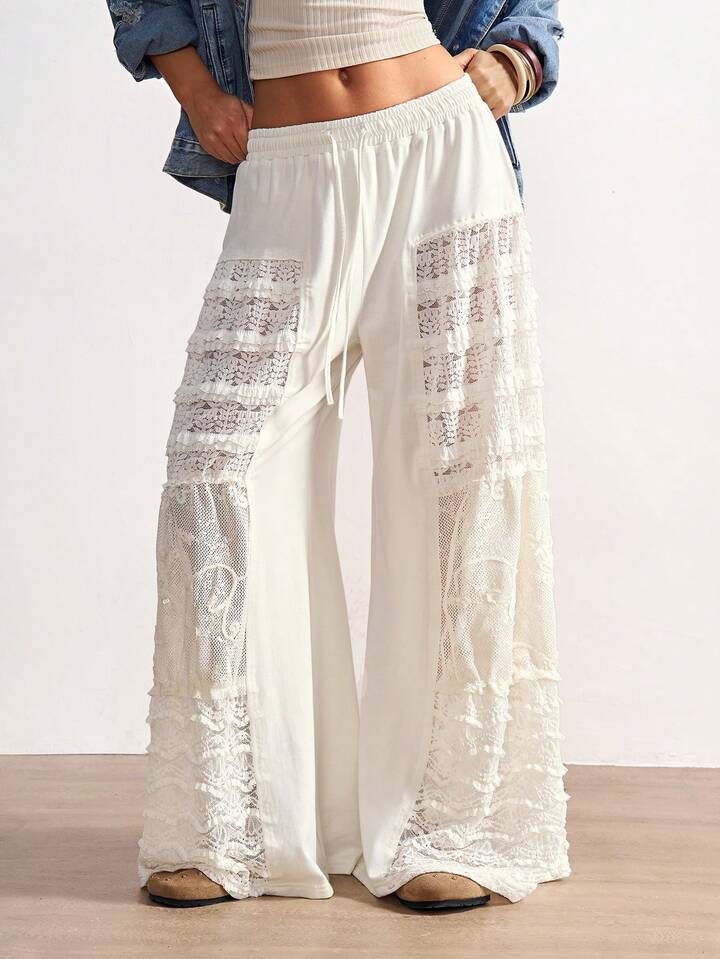 CM-BS740990 Women Trendy Bohemian Style Solid Color Knit Contrast Lace Wide Leg Pants - Apricot