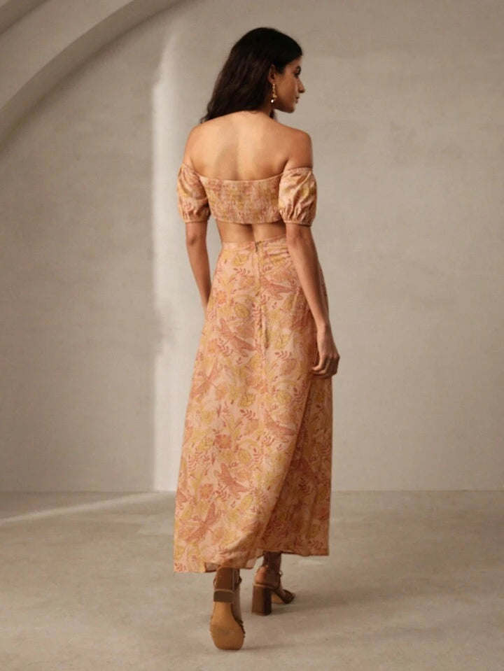 CM-DS104814 Women Trendy Bohemian Style Printed Puff Sleeve Pleated Hollow Out Dress - Ginger