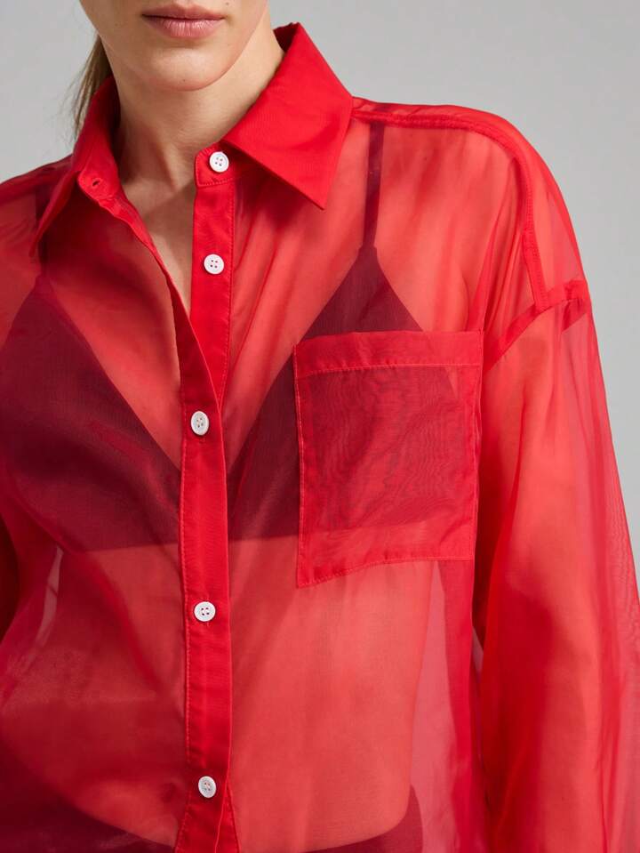 CM-TS755066 Women Elegant Seoul Style Shirt Collar Sheer Long Sleeve Oversized Blouse - Red