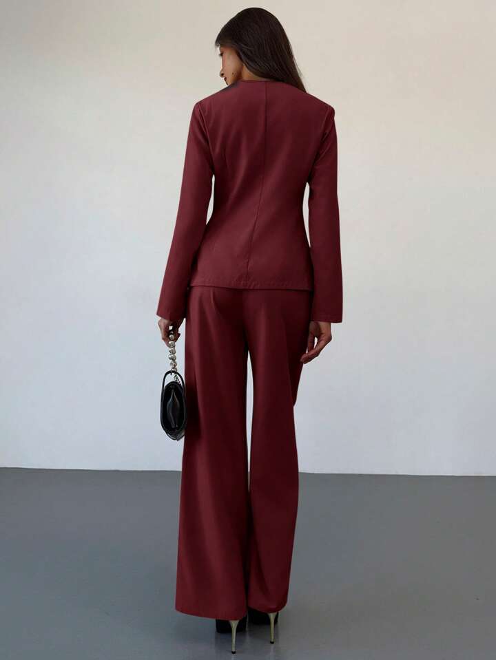 CM-SS012207 Women Elegant Seoul Style Slim Fit Round Neck Long Sleeve Top With Floor-Length Straight Leg Pants - Set