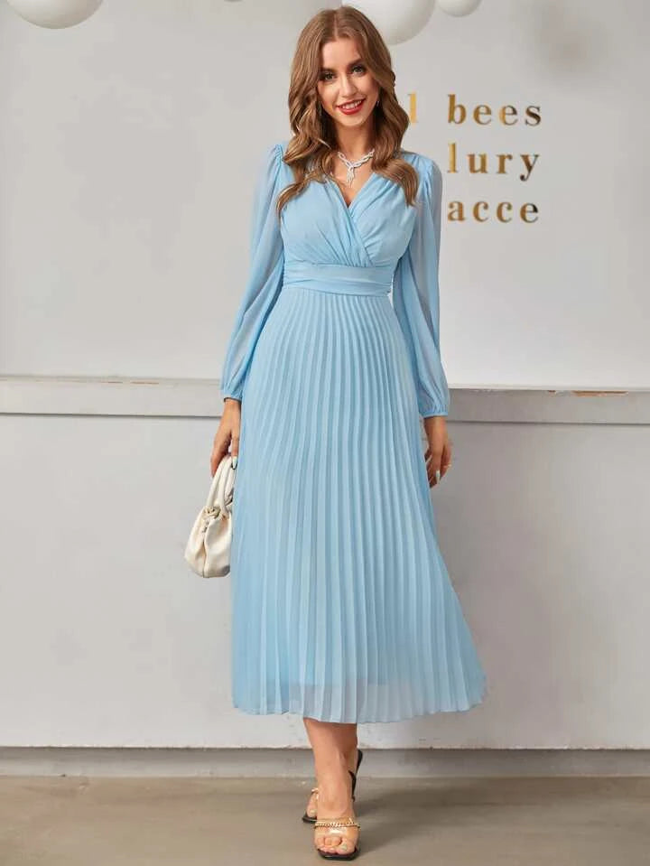 CM-DS934654 Women Elegant Seoul Style Surplice V-Neck High Waist Pleated Hem A-Line Dress - Baby Blue